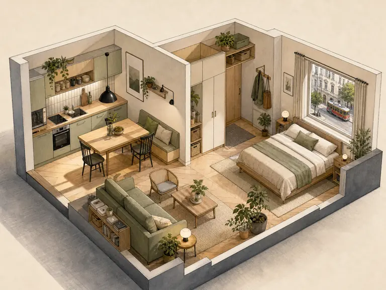 Illustrative diorama of Quiet layout near transit